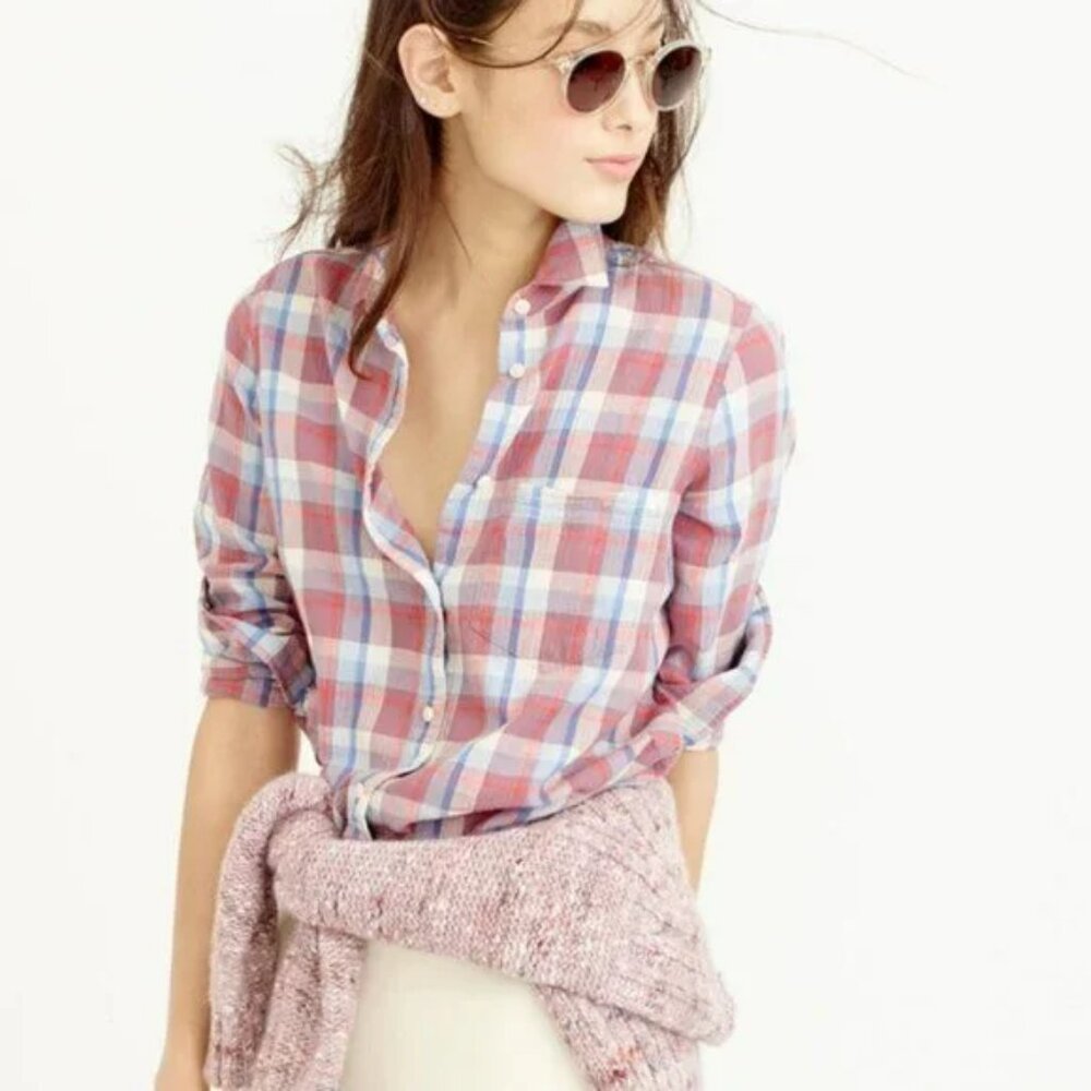 J Crew Pastel Pink Blue Plaid Relaxed Boyfriend Soft Cotton Flannel Shirt Top XS